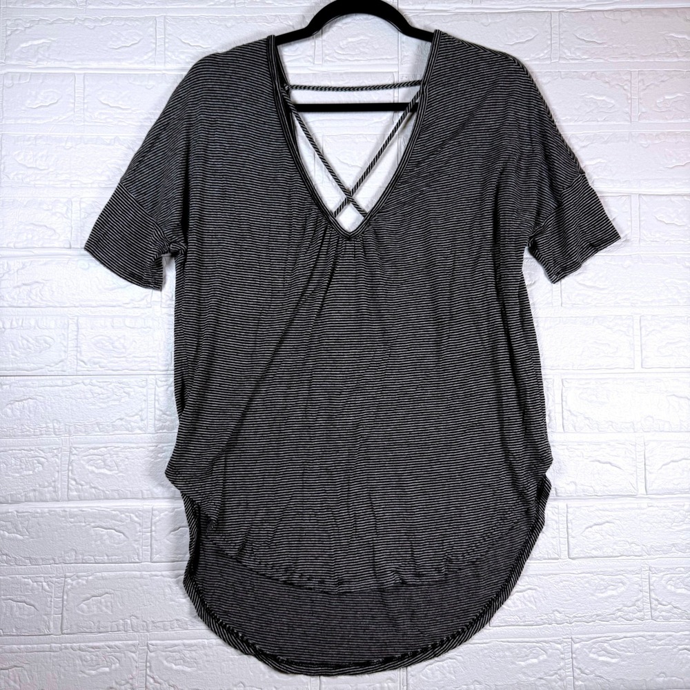 Lush Striped Top Women Small Black White Strappy V-Neck Short Sleeve T-Shirt